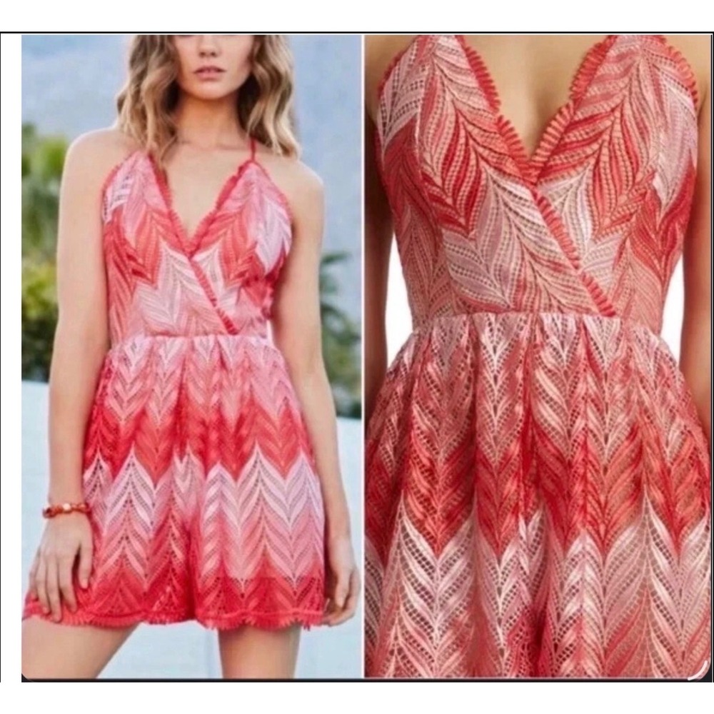 DRESS THE POPULATION Pink and Red Chevron Bridgette romper
NWOT size L
